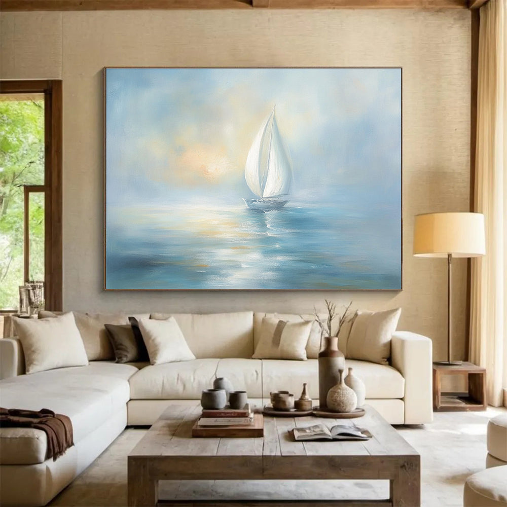 Light Blue Sailboat Abstract Painting with a Hazy Sky DYP138