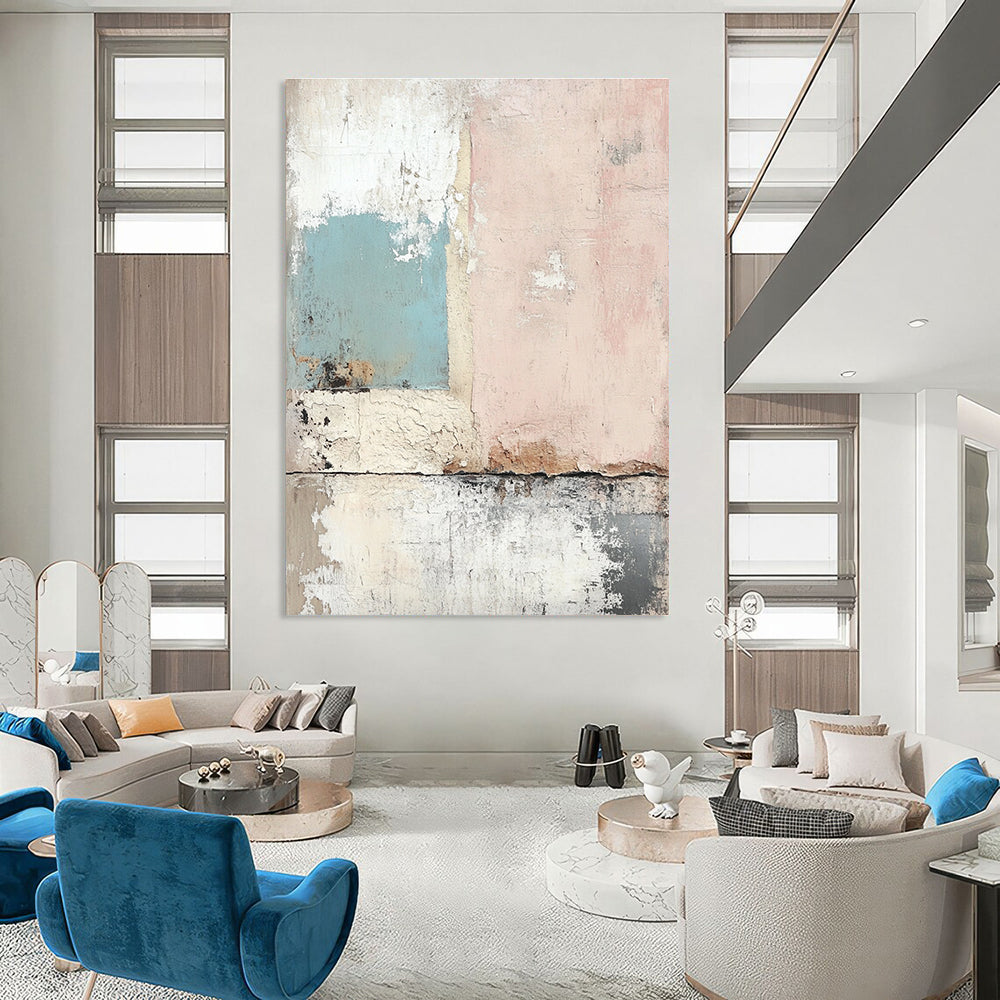 Large abstract painting featuring a weathered wall in soft pastels with a nostalgic texture reminiscent of vintage wallpaper.STSC657