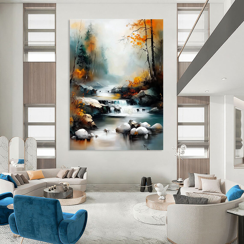 Large abstract painting capturing a river through a valley with autumn trees and vibrant colors in a soft misty style reminiscent of Claude Monet.STSC1165