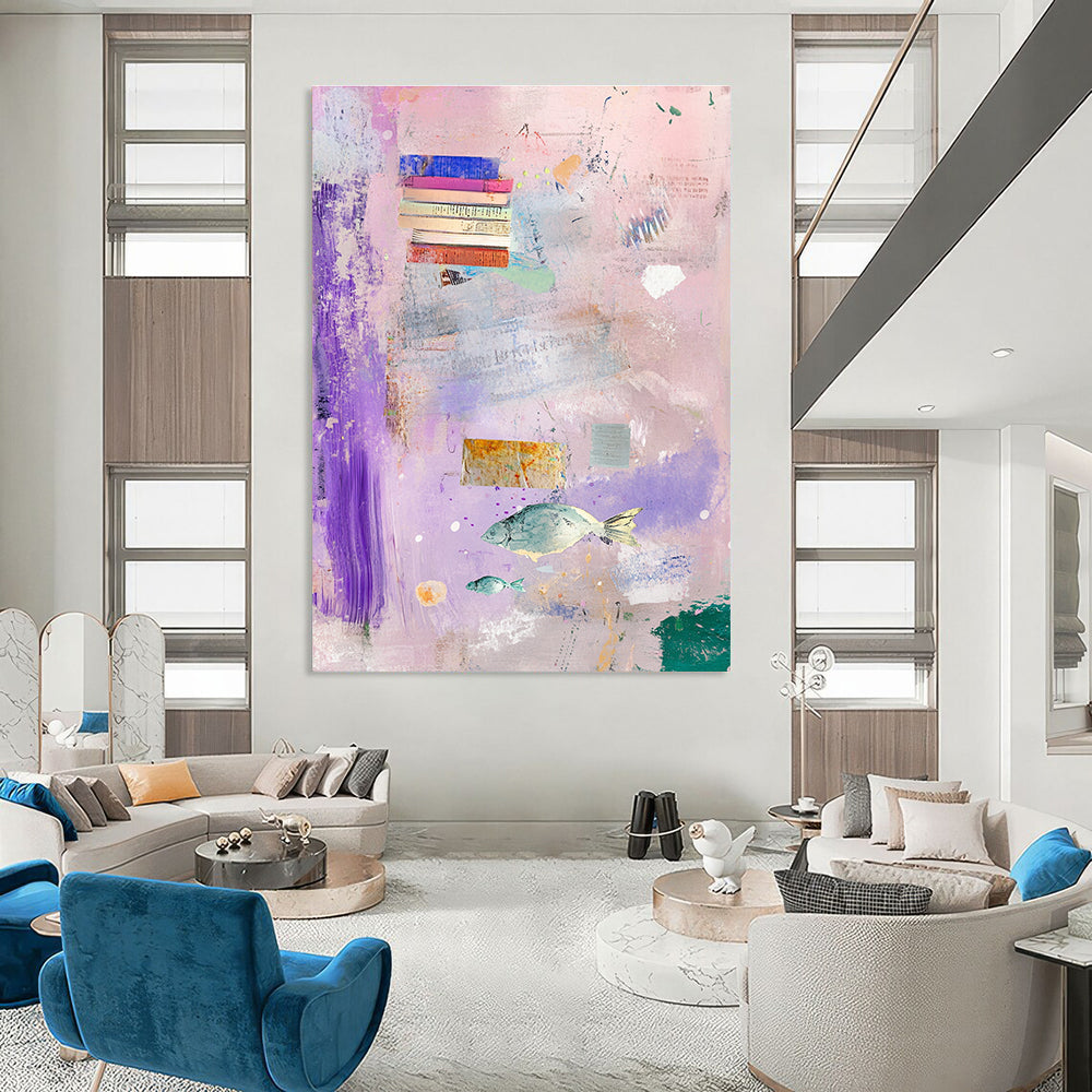 Abstract painting featuring a light pink background with pastel colors, books, feathers, and flying fish in hues of purple, blue, green, and yellow.STSC1041