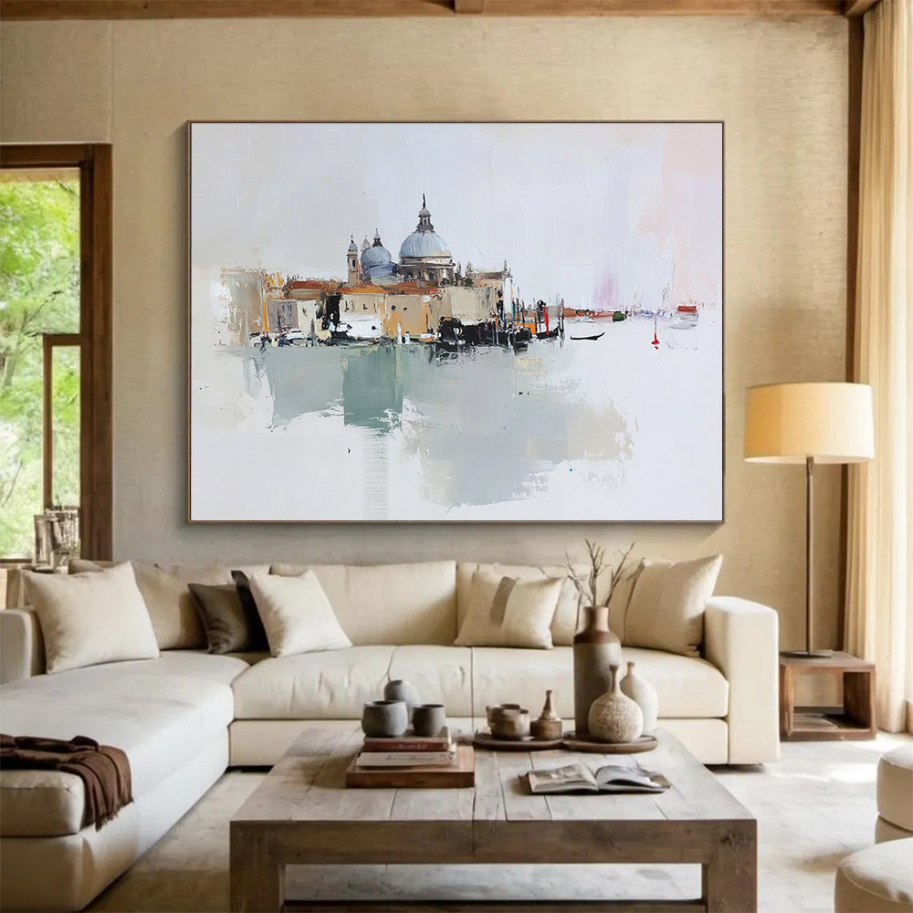 Large abstract oil painting of Venice featuring beige buildings and a small red dome against a light gray and pale pink background.SC126
