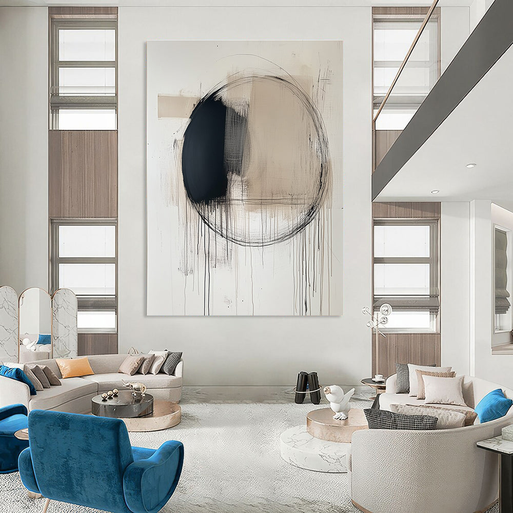Large abstract painting featuring a central black circle with thin lines and ink drips in soft neutral tones on a white background.STSC253