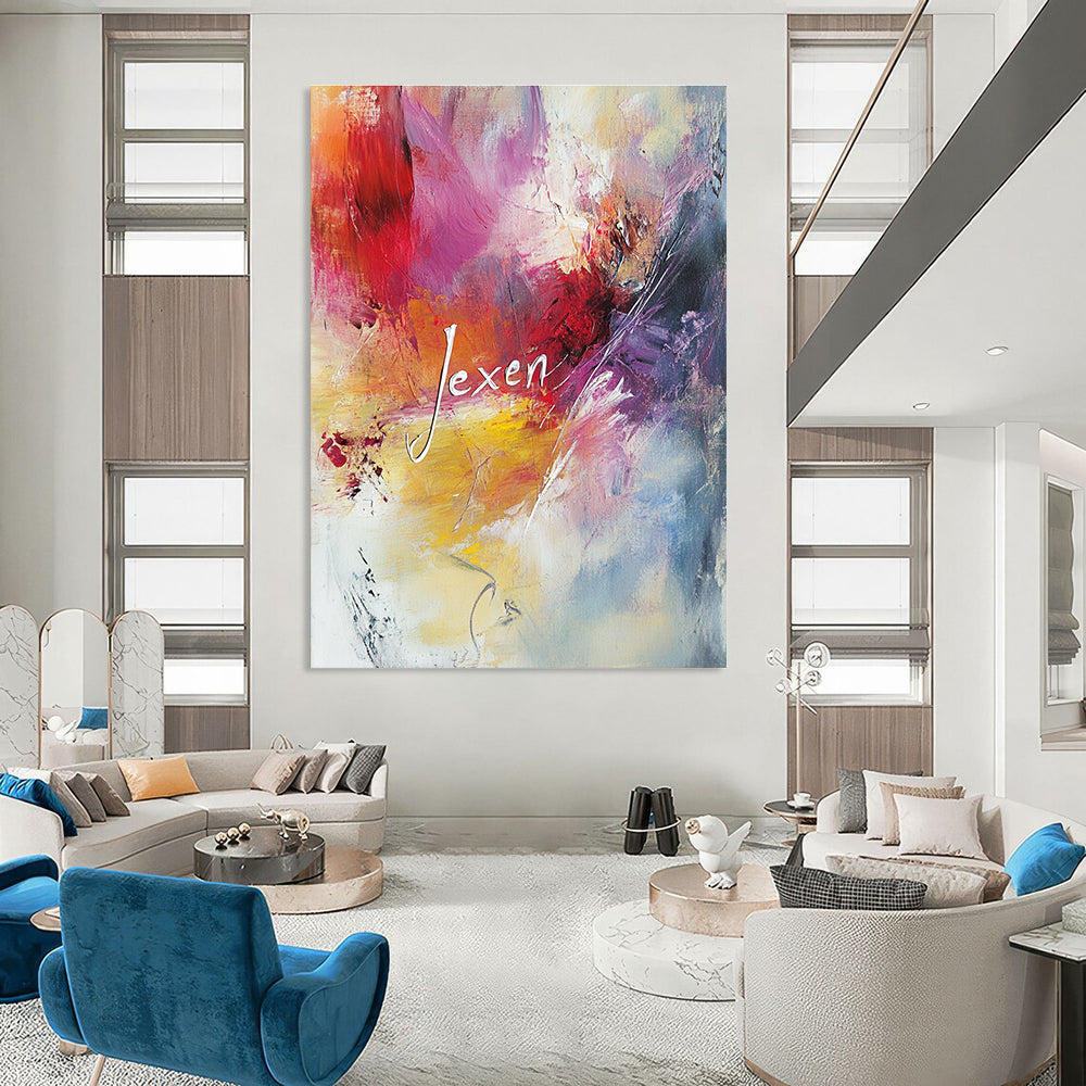 Large abstract painting with pastel colors featuring the word Jexen in elegant script surrounded by swirling patterns evoking tranquility and creativity.STSC802