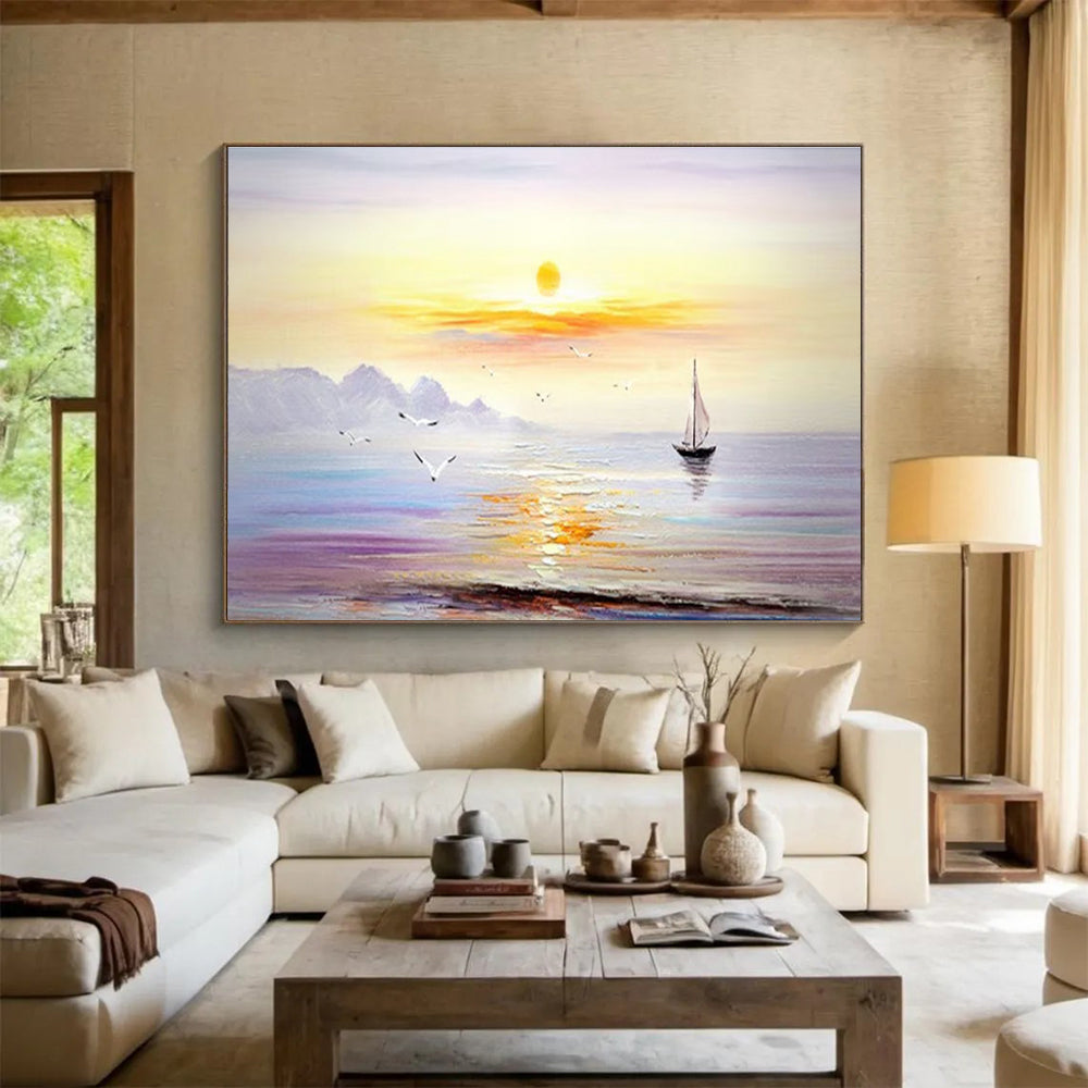 Sunset Sea Sail Abstract Painting with Orange, Purple, and Blue Tones THY181
