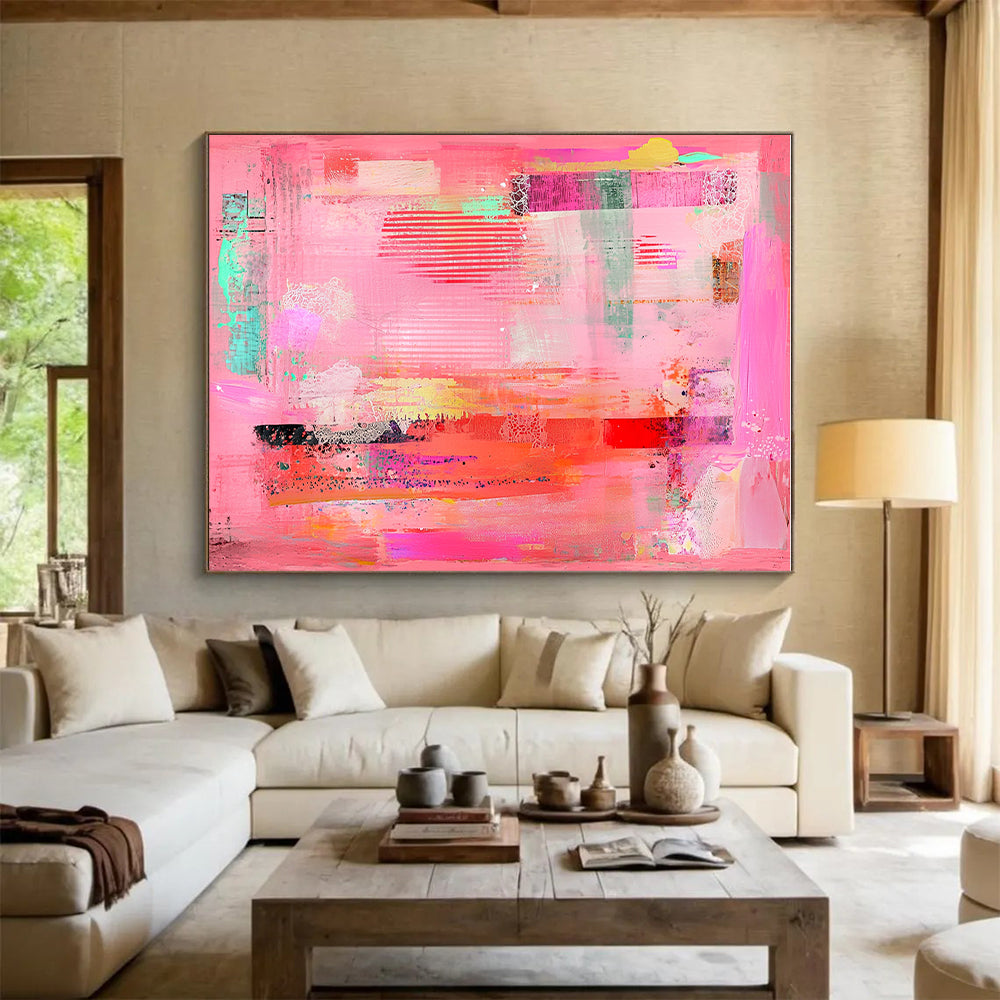 Colorful Mixed - Media Pink Abstract Art with Diverse Textures GER255