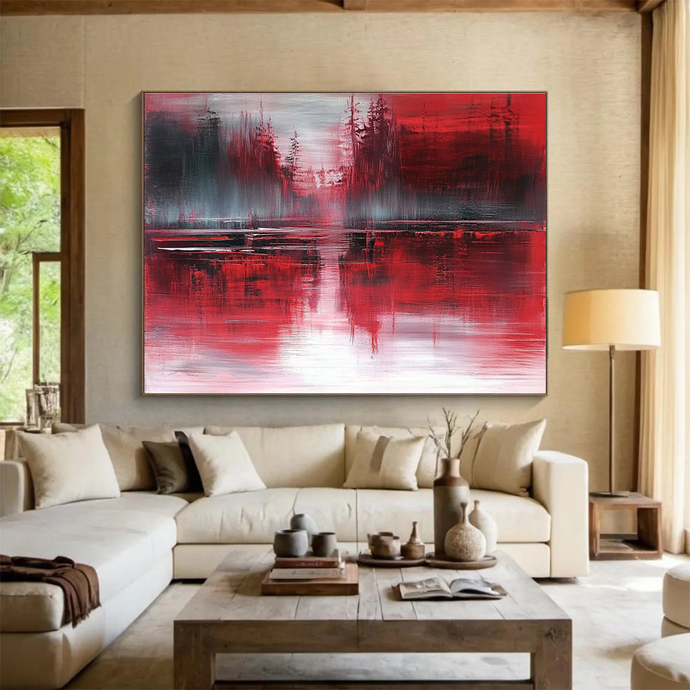 Large abstract painting featuring atmospheric landscape in red and gray tones with reflective water inspired by expressionist style of Richard L. Short.SC155