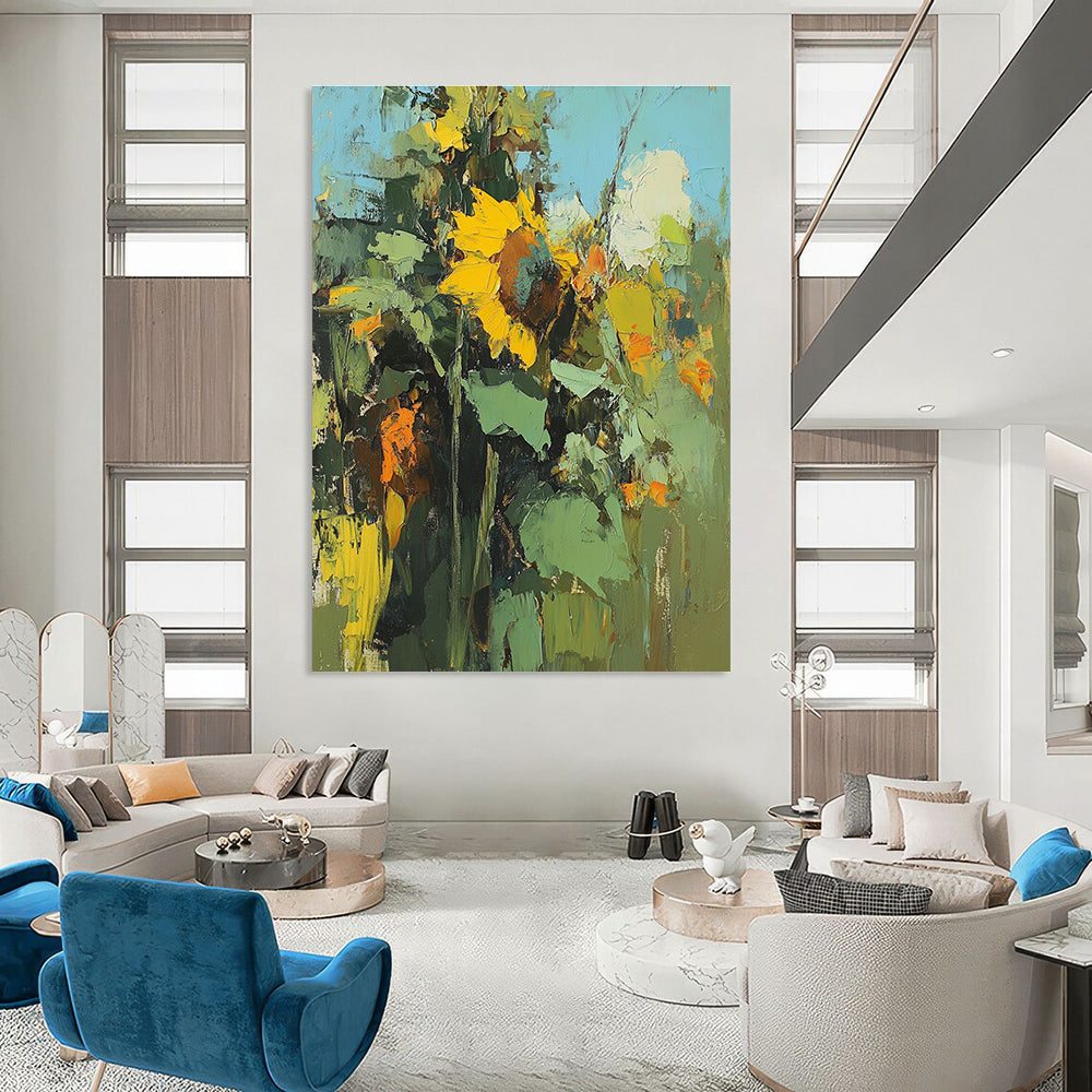 Large abstract painting of sunflowers featuring blurry details and rough brushstrokes in a colorful high resolution format.STSC335