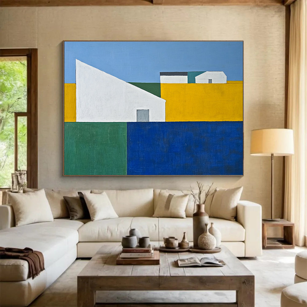 An abstract painting featuring a blue sky yellow grass green trees and a white house amidst geometric forms in minimalist style.SC511