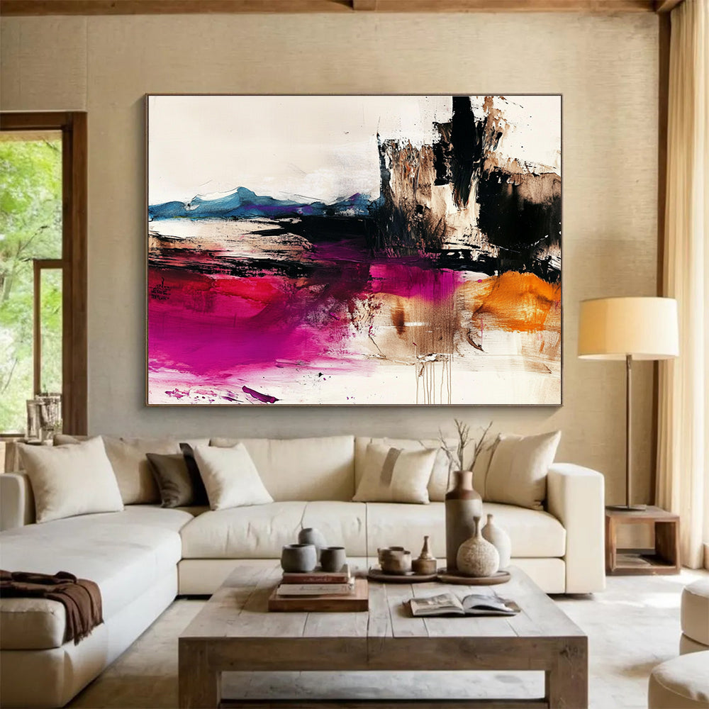 Large abstract painting depicting the desert with dark whites light beiges colorful ink washes and bold brushstrokes in high-resolution detail.SC046