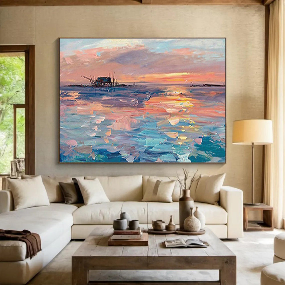 Sunset Fishing Village Abstract Painting with Pink, Orange, and Blue Tones THY205