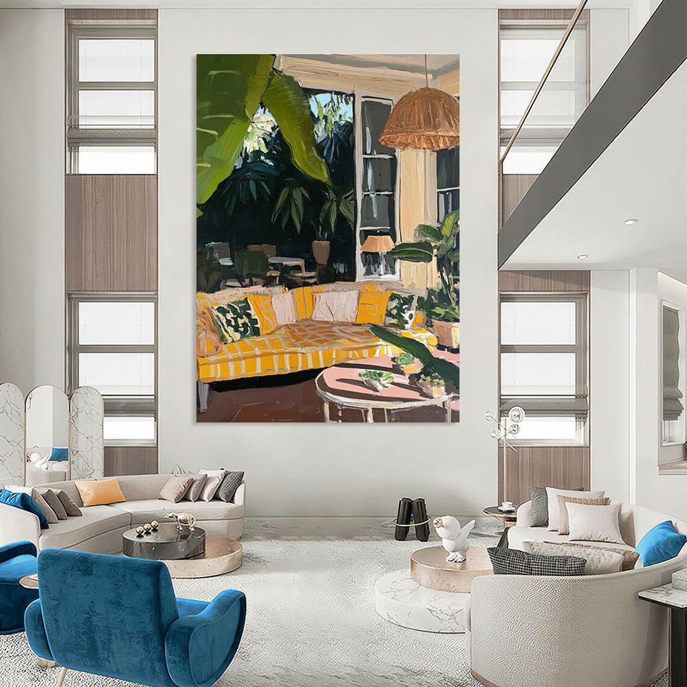 Indoor Outdoor Living Scene Painting with Warm Yellow Tones ADGE435