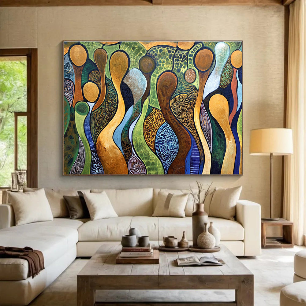 A large abstract painting featuring interlaced human figures in brown outlines against a vibrant background of greens, blues, and earthy whites with ocher yellow gems.SC582