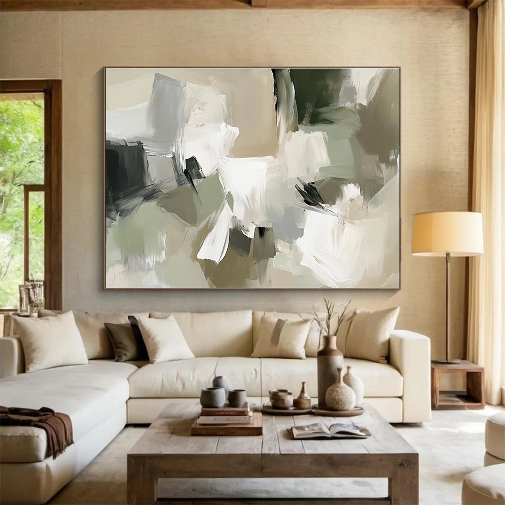 Beige Green and White Abstract Painting with Soft Shapes DYP404