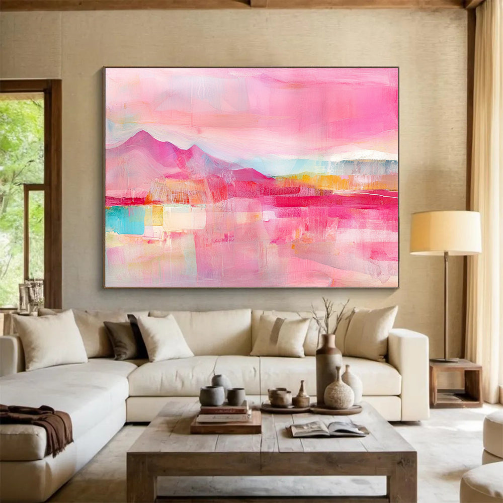 A large abstract painting featuring a pink sky with layers of soft pastel colors and textured brushstrokes, perfect for enhancing any space.SC344