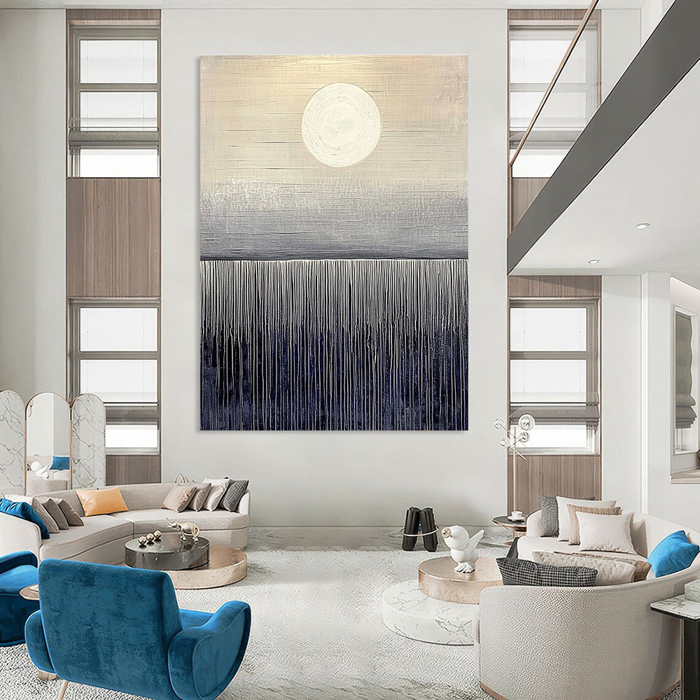 Large abstract painting featuring dark gray and light beige hues with a serene sunrise over a deep sea horizon on canvas board.STSC1030