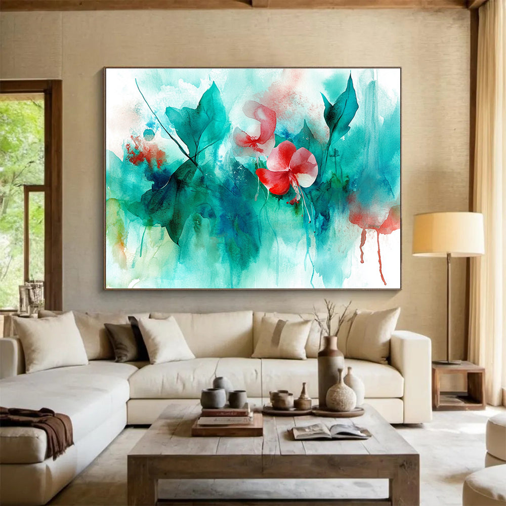 Large abstract watercolor painting featuring leaves flowers and jellyfish in teal aqua red green colors perfect for enhancing any spaceSC287