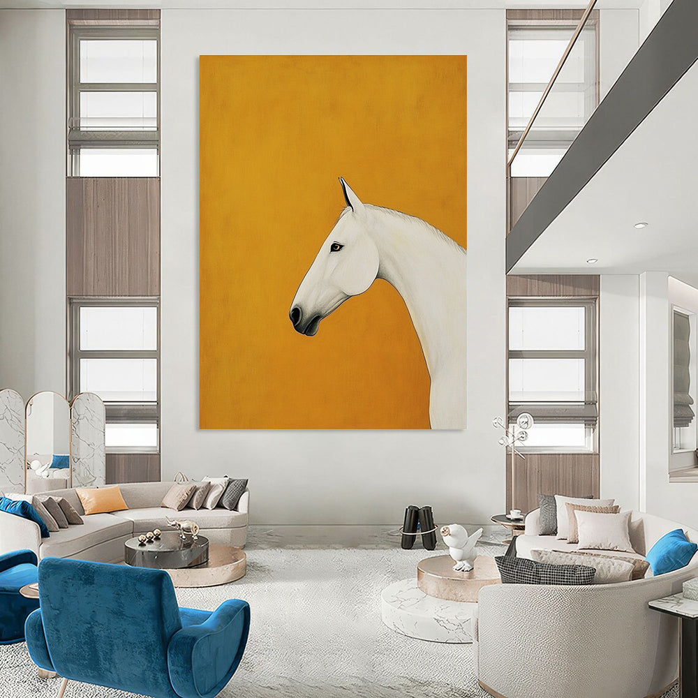 A large abstract painting featuring a minimalist white horse in profile against an orange background inspired by Kazumasa Nagai and Egon Schiele.STSC1348