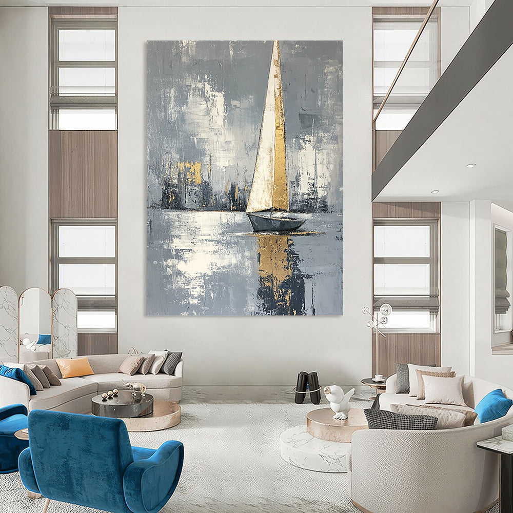 Abstract painting featuring a serene sailing boat with gray background and white gold accents created using soft light and impressionist brush strokes.STSC1420