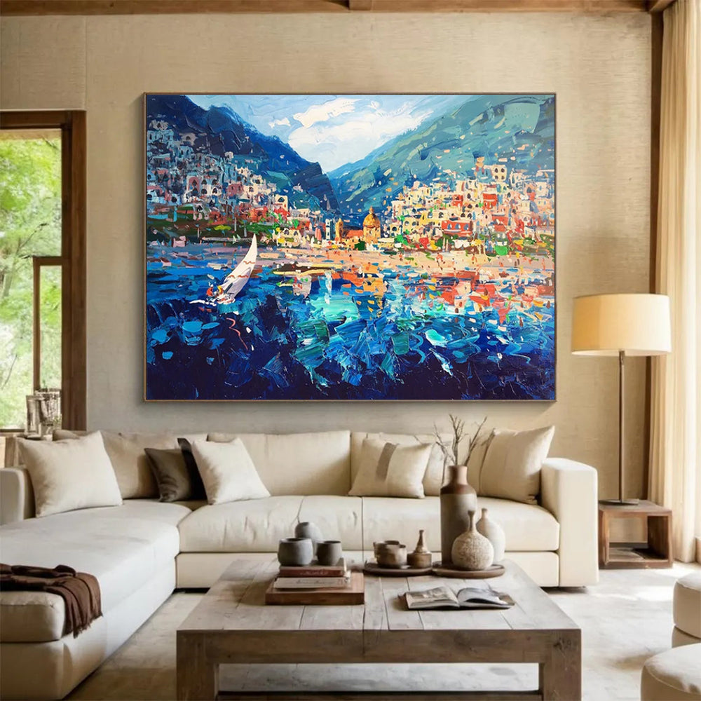 Coastal Town with Sailboat Abstract Painting THY439