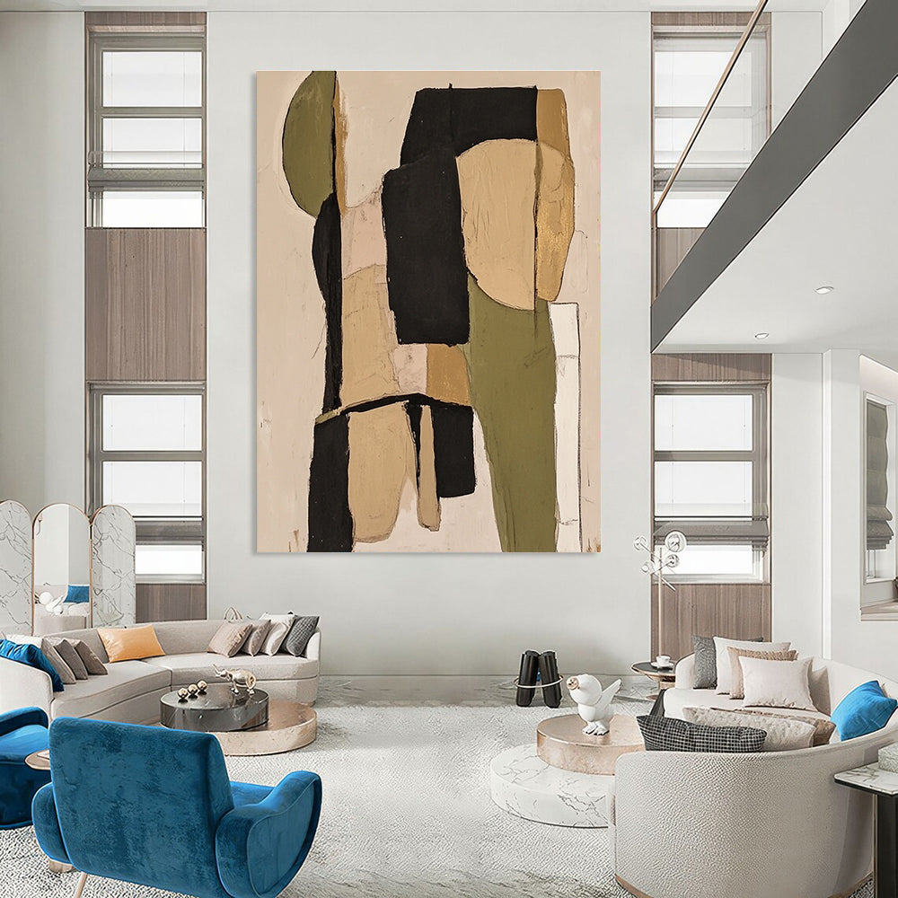 Large abstract painting featuring sage green and black tones with beige and neutral colors for a sophisticated artistic touch.STSC481