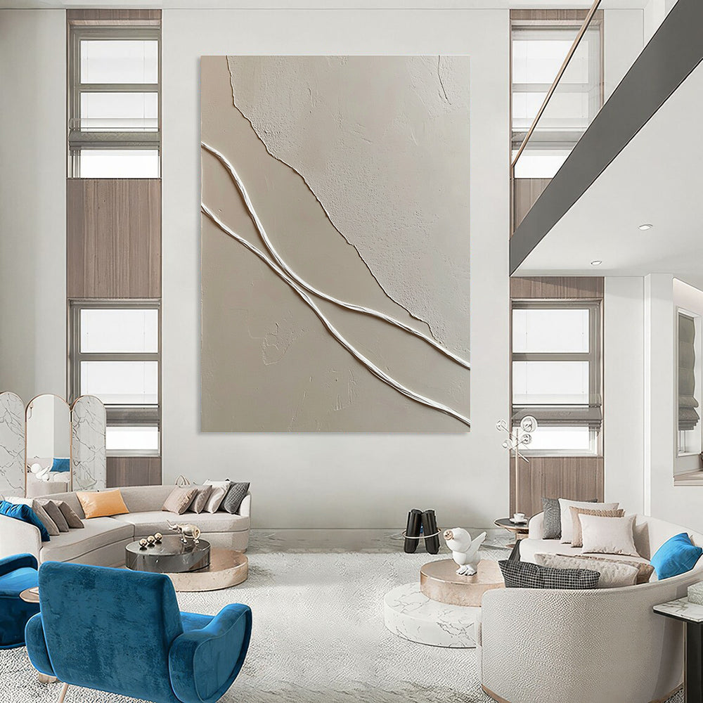 A large abstract painting featuring smooth white wavy lines against textured light-colored plaster walls enhancing depth in a minimal space.STSC941