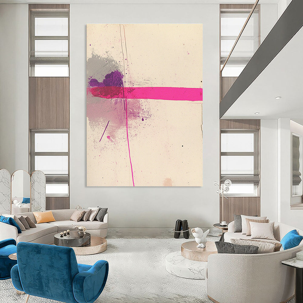 Large abstract pink line artwork on white paper accented with grey and purple for a modern artistic touch.STSC1181