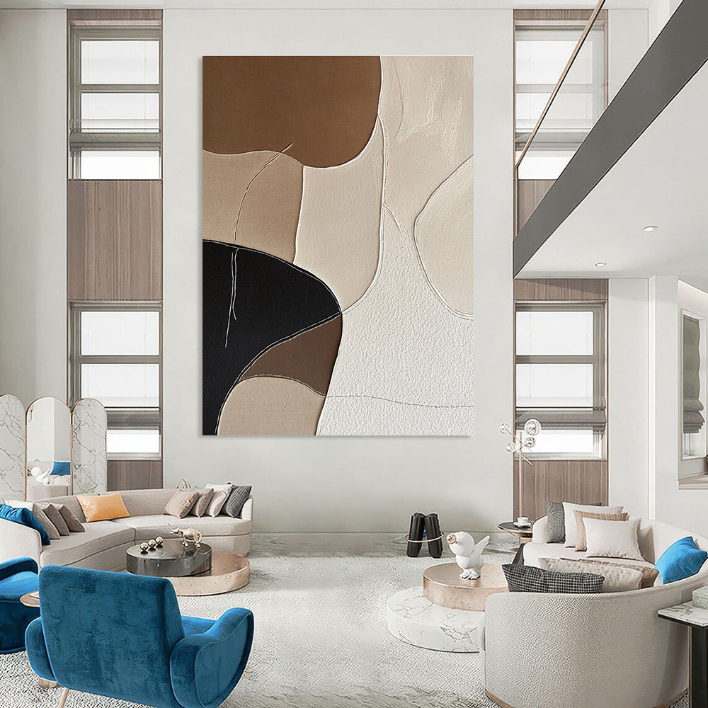 Large abstract artwork featuring minimalist Japandi style with hand-stitched organic shapes in neutral shades of beige black and white.STSC1337