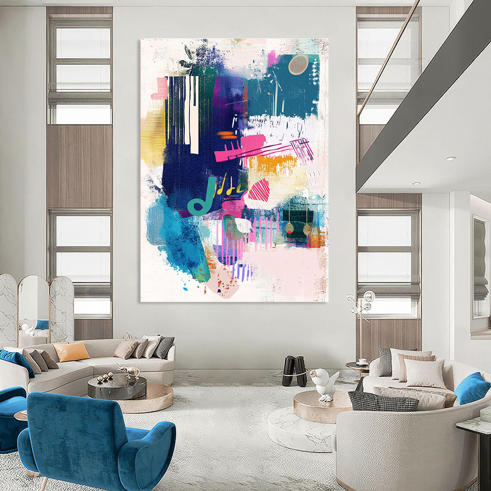 Large abstract painting capturing urban energy with musical notes and vibrant colors on textured paper leaving space for text or logos.STSC560