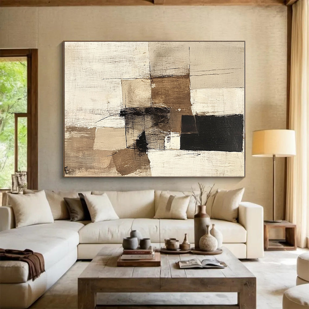 Beige Black Minimalist Abstract Painting with Subtle Lines GER774
