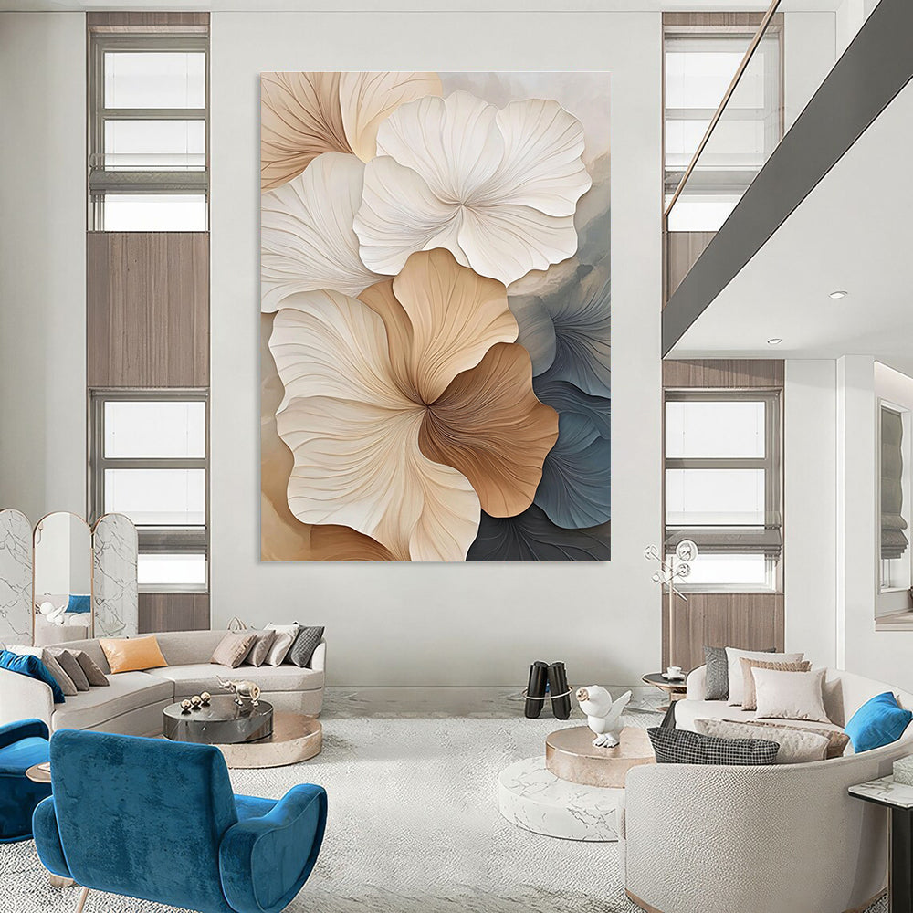 Large abstract artwork featuring textured petals in beige and white showcasing fine lines and depth against a minimalist background.STSC963
