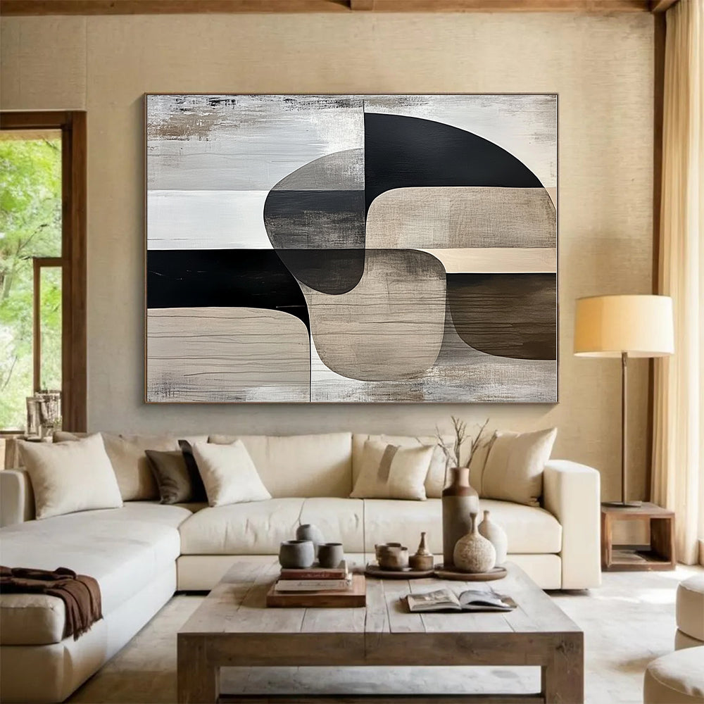 Neutral Shapes Abstract Painting with Black and Beige GER694