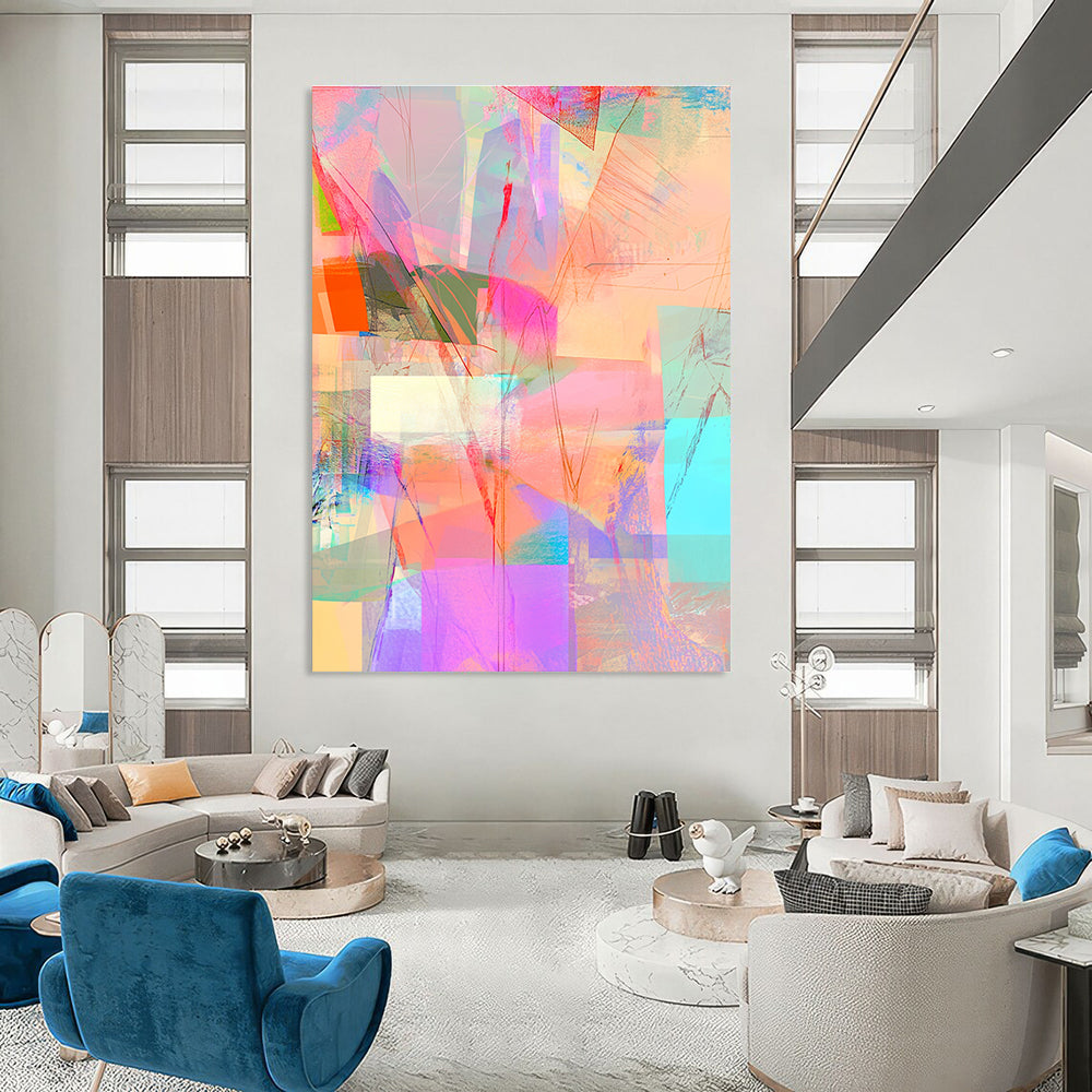 Abstract digital collage with pastel colors featuring neon pink squares bright blue patterns soft orange lines and vibrant green and yellow accents.STSC543