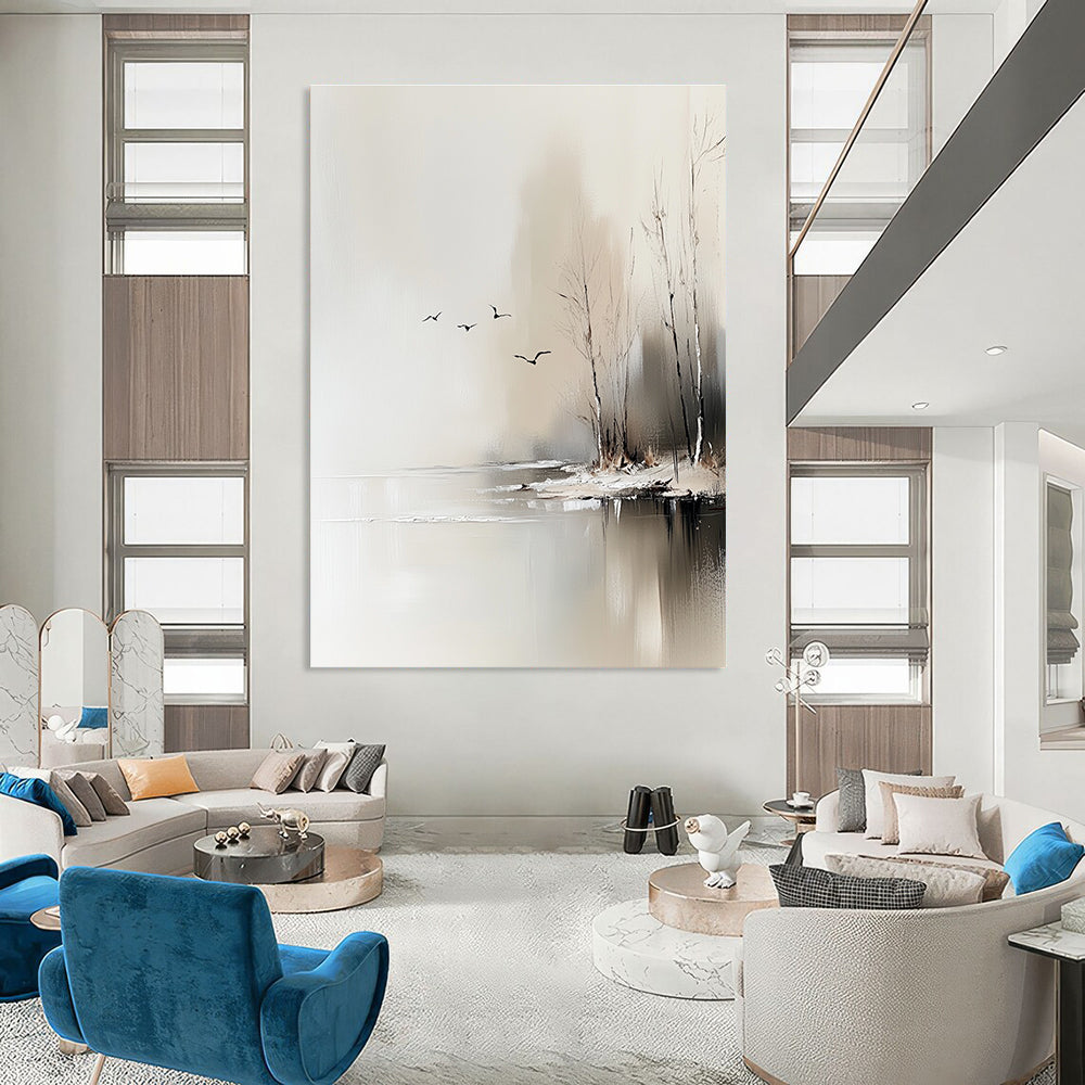 Large abstract painting depicting trees by an icy lake with flying birds, featuring neutral colors and delicate textures in a serene minimalist style.STSC105