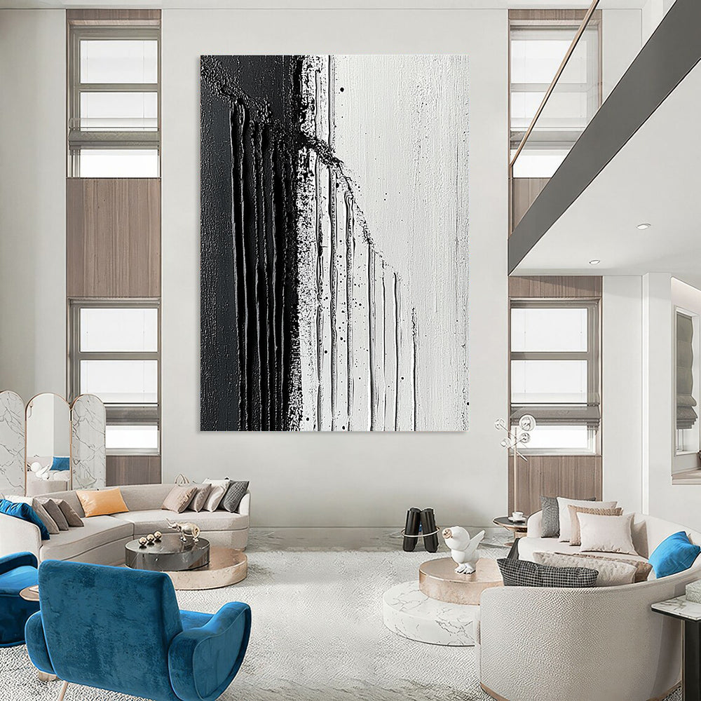 Large abstract painting featuring textured strokes with a striking contrast of dark and light shades embodying minimalism and simplicity on canvas.STSC019