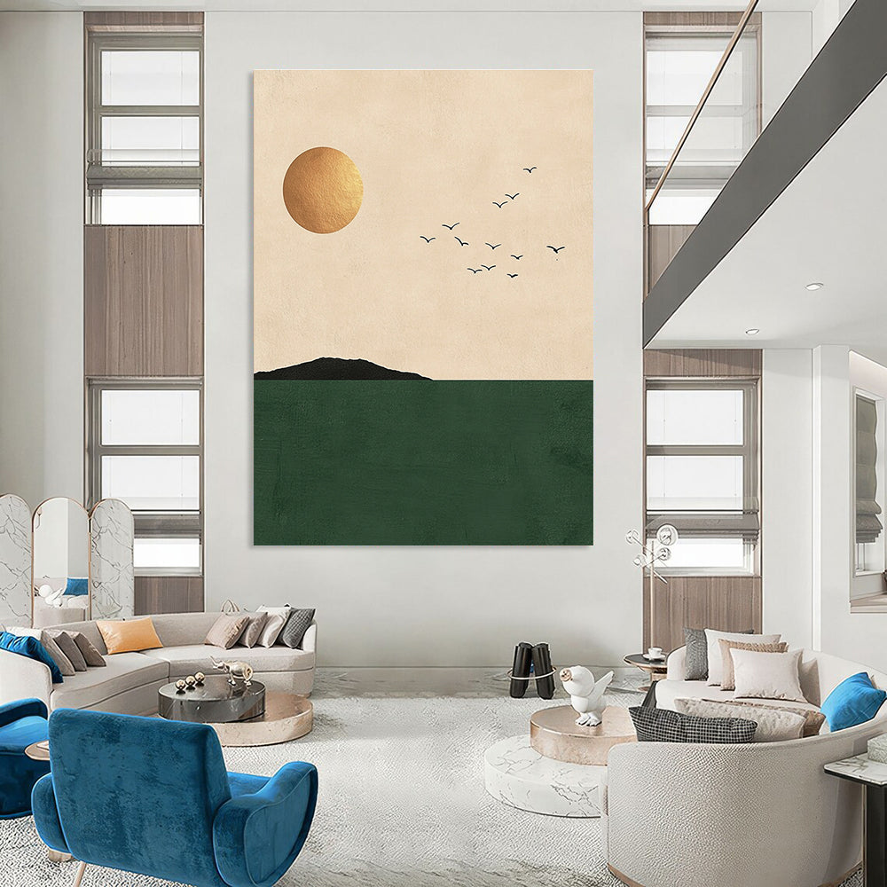 Large abstract painting featuring minimalist Japandi art with a sun and birds over a green sea in a neutral palette with gold accents.STSC1338