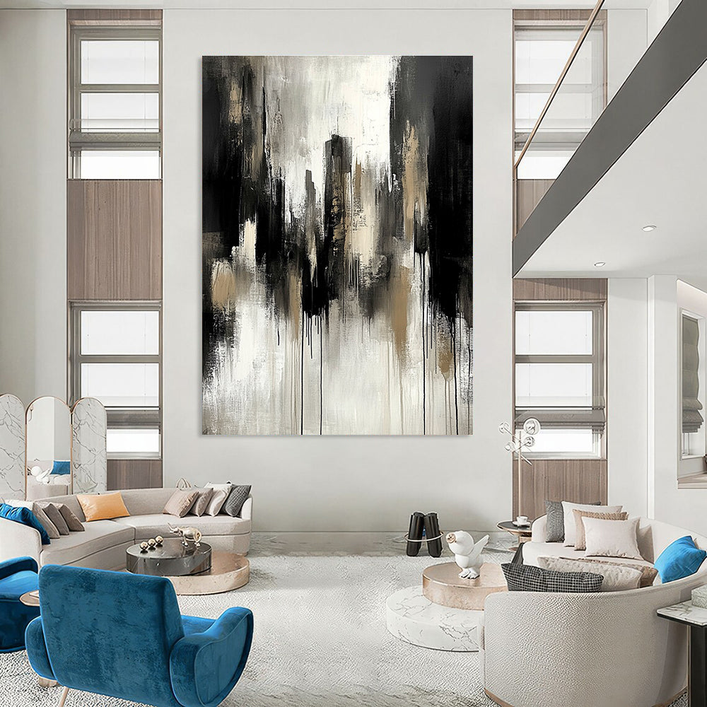 Abstract painting featuring neutral tones of grey and black with urban landscape elements and dramatic mood, enhanced by soft lighting and paint drips.STSC250