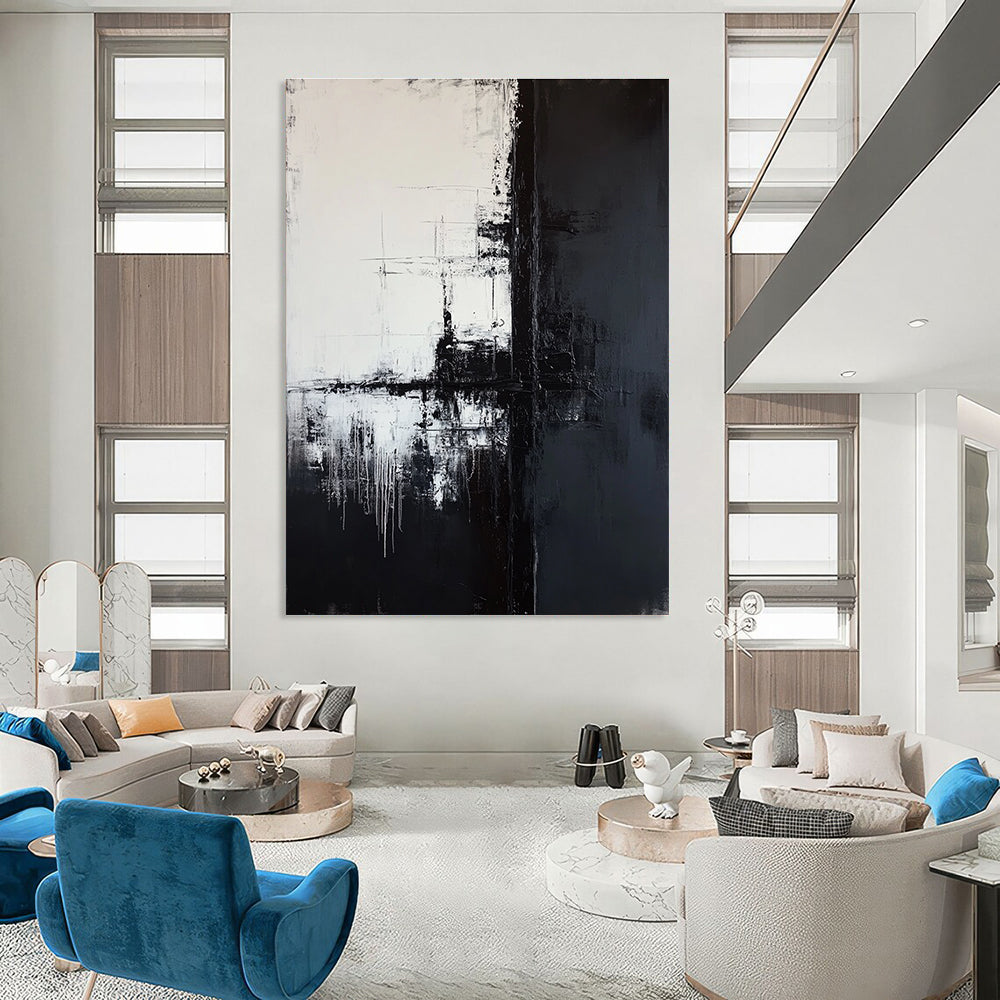 Large abstract painting featuring a tall black telephone pole against a dark gray and white background with textured brushstrokes and a minimalist composition.STSC372
