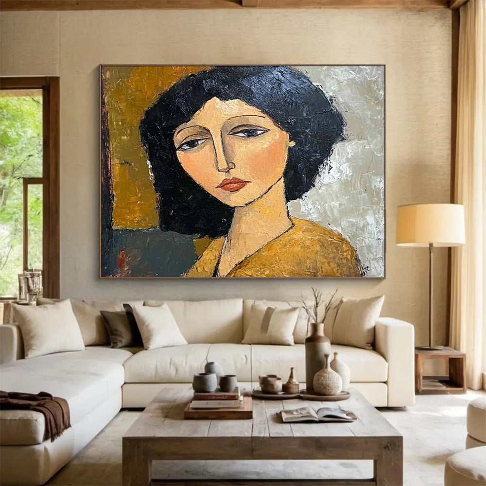 Stylized Portrait Abstract Painting with Simplified Forms and Earth Tones THY248