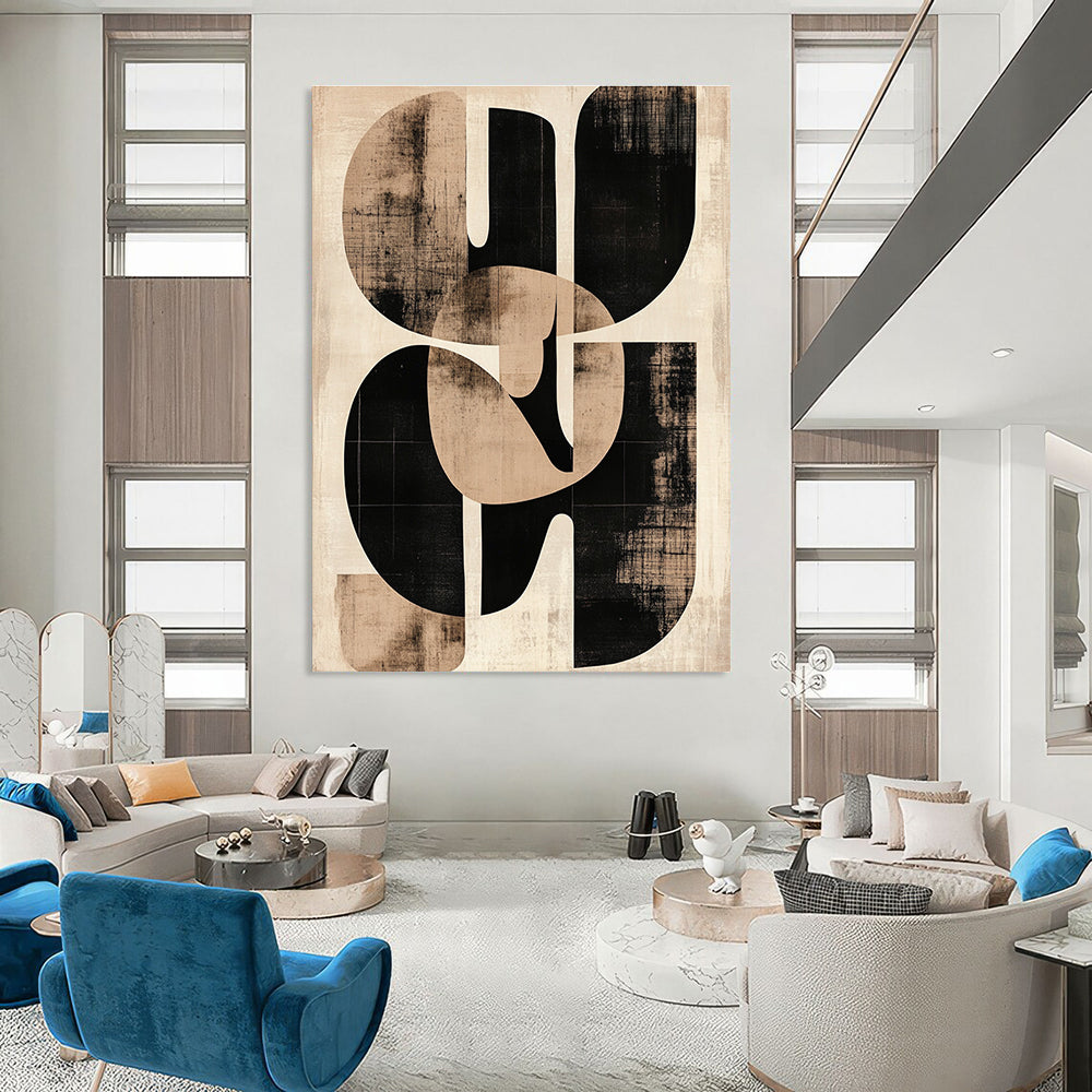 Large abstract artwork featuring beige and black shapes inspired by Paul Klee with sepia tones printed on aged paper showcasing the initials SG.STSC469