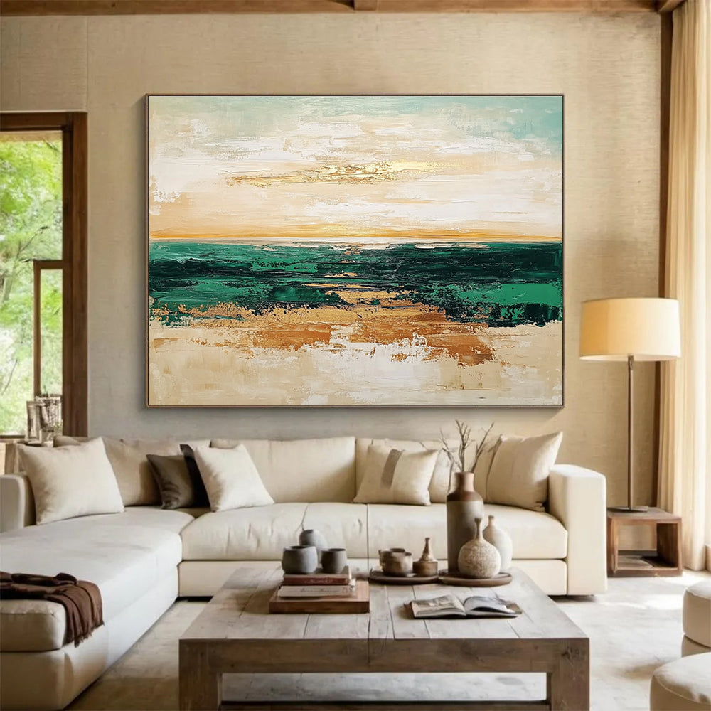 Green Sea Gold Accent Abstract Painting with Layered Horizons DYP265