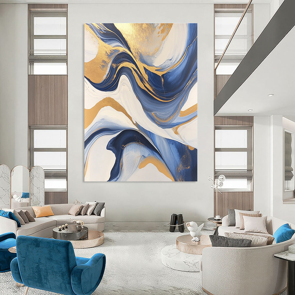 Large Abstract Painting with gold leafing flowing lines fluid acrylics blue black gray and white swirling patterns marbleized surfaces.STSC031