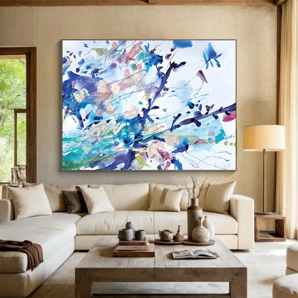 Colorful Floral Abstract Painting with Blue and Purple Hues THY147