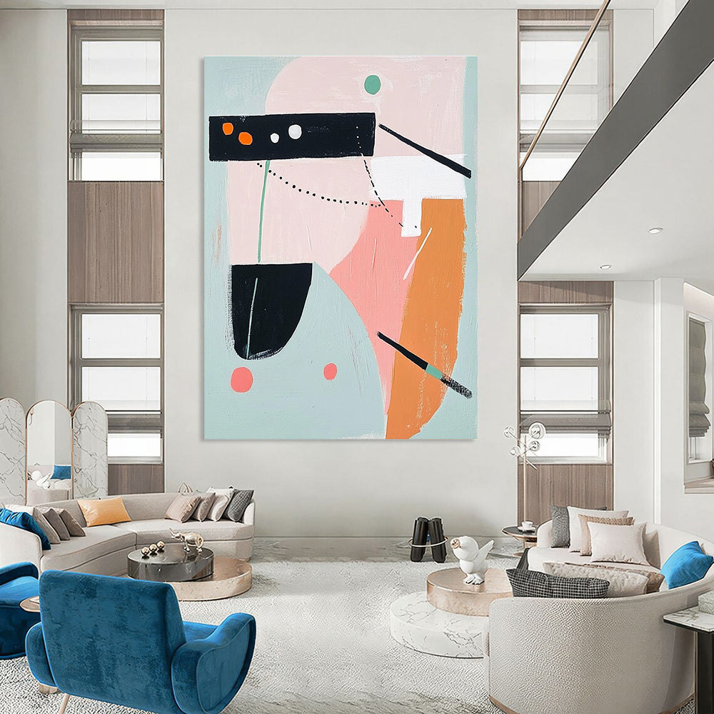 Abstract painting featuring bold shapes and lines in pink grey orange teal green and black and white evoking airplane elements with thick brush strokes.STSC691