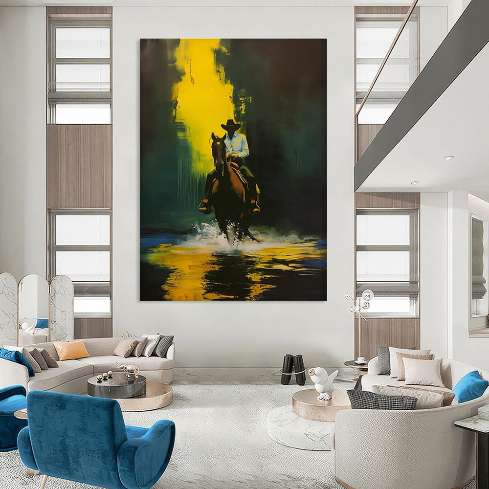 Cowboy on Horse in Yellow and Green Abstract Painting ADGE104