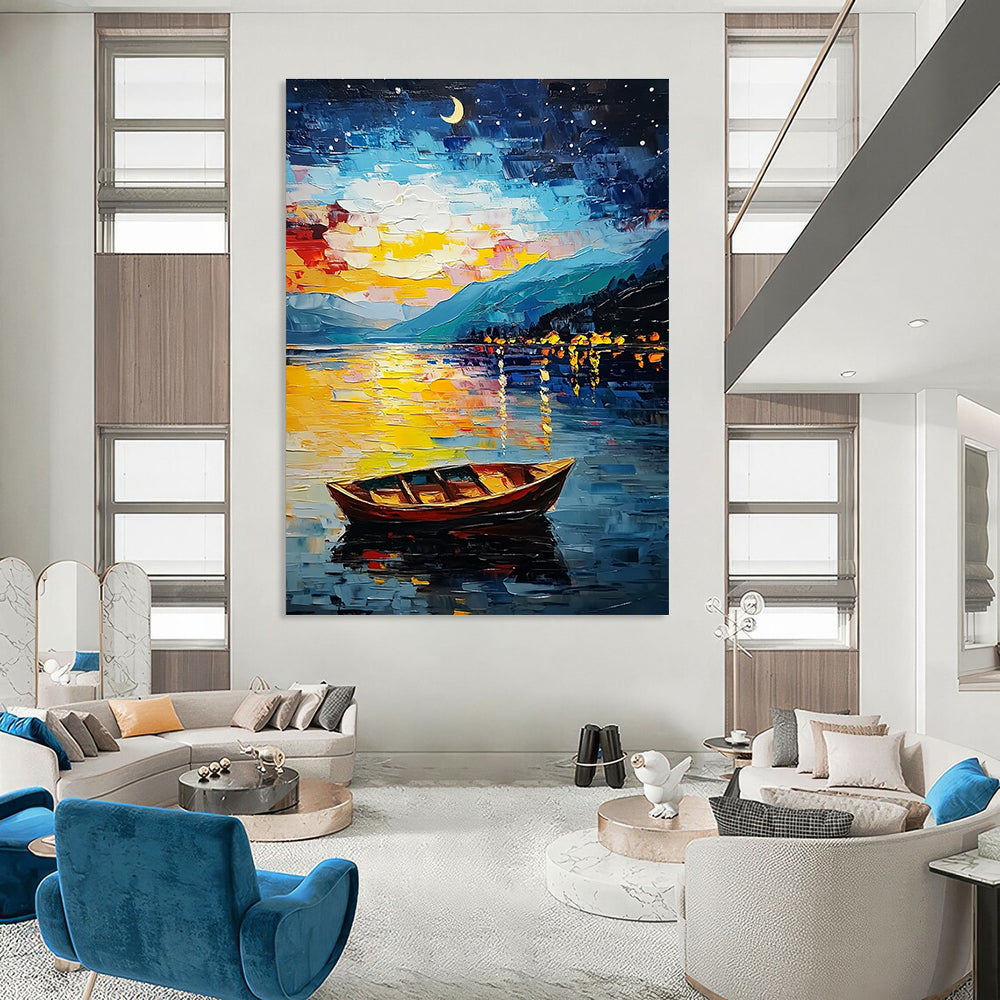 Large Abstract Painting of Lake Tahoe at night featuring stars moon colorful sky small boat mountain reflections in vibrant oil paint style.STSC1132