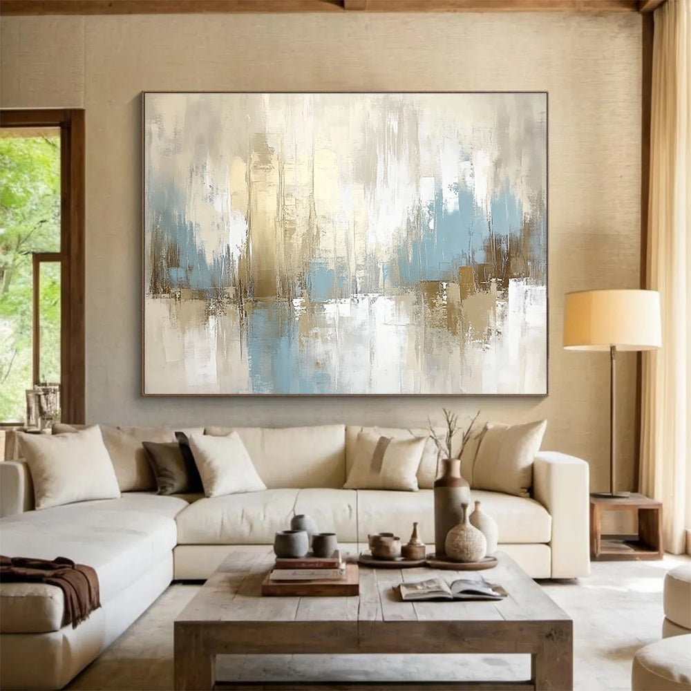 Large abstract painting in beige and white with light blue accents featuring soft tones and dreamy atmosphere for an elegant and tranquil space.SC097