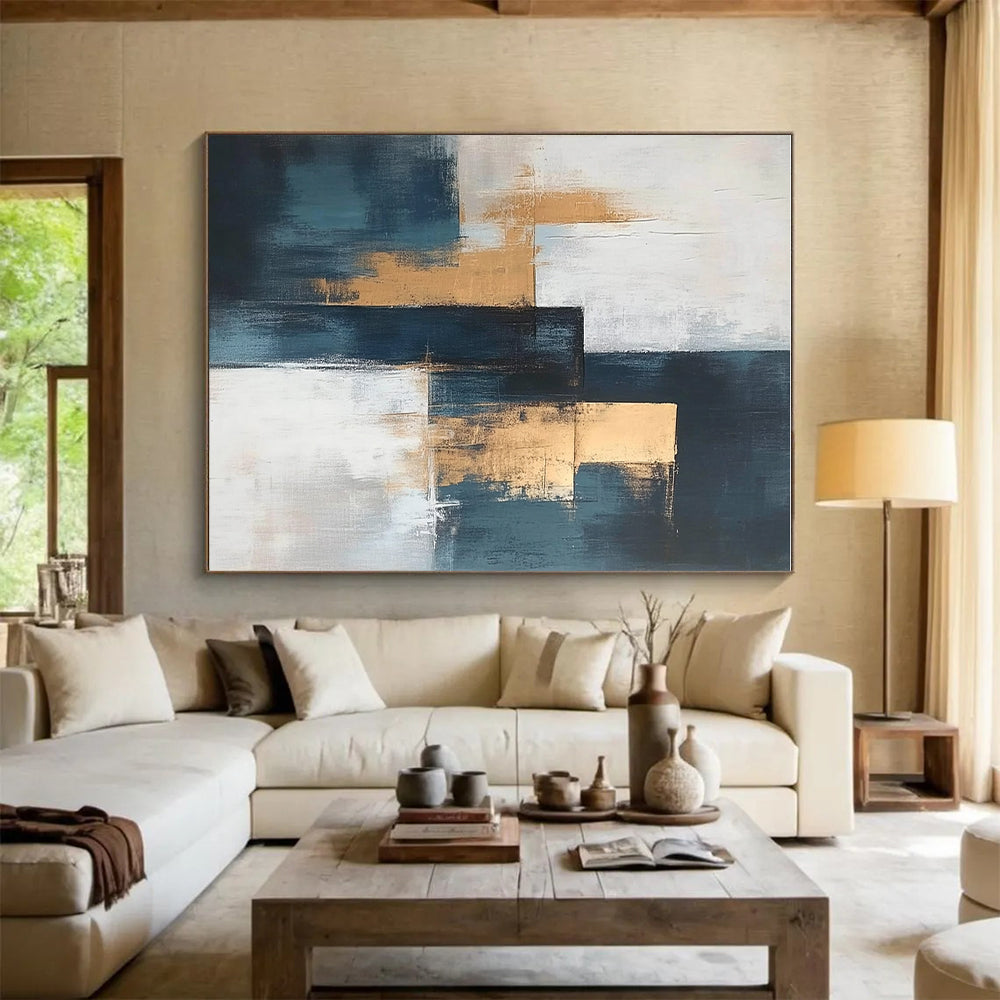Teal and Gold Abstract Painting with Geometric Elegance GER374