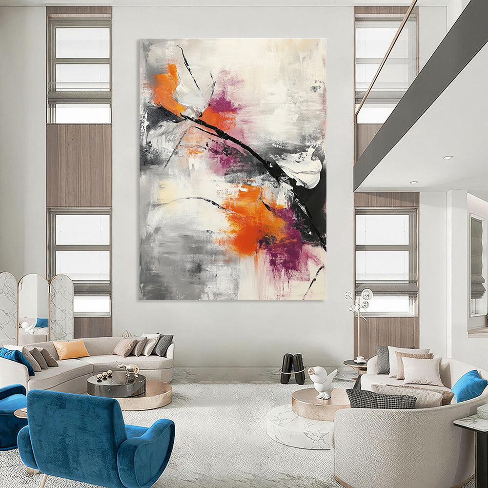 Large abstract painting featuring thick brushstrokes and splashes in gray white orange and pink with dynamic movement and modern depth.STSC817
