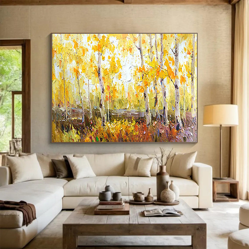 Autumn Birch Forest Abstract Painting with Yellow, Green, and Brown Tones THY212
