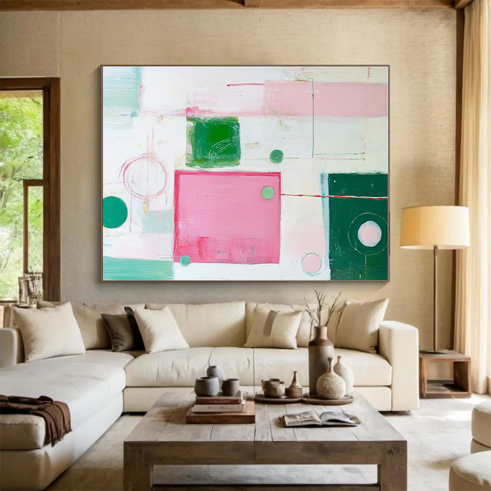 Pink Green Abstract Painting with Playful Forms GER518